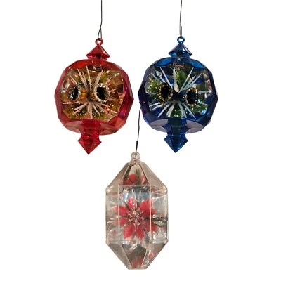 Vintage Jewel Brite Diorama Bells Poinsettias Christmas Ornaments Red Lot of 3 - Image 1 of 4