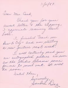 Sandra Dee. Gidget, 1957 autograph letter signed to fan when she was only 15 - Picture 1 of 3