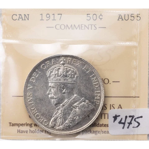 Canada 1917 50 Cents Half Dollar Silver Coin - ICCS AU-55 Cover