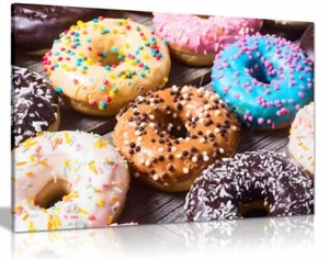 Colourful Frosted Doughnuts Cafe Coffee Shop Canvas Wall Art Picture Print - Picture 1 of 1