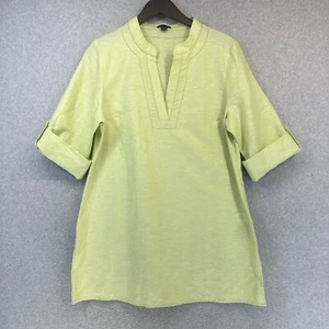 DANA BUCHMAN Blouse Linen Tunic Shirt Large Lime Green Accent Tab Sleeve V-Neck - Picture 1 of 13