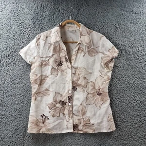 LIZ JORDAN Womens Blouse Top Size 12 Beige Brown Floral Short Sleeve Collared - Picture 1 of 12