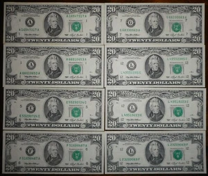 1993 $20 Federal Reserve Notes, 8 Total, Nice Grades, FREE SHIP - Picture 1 of 2
