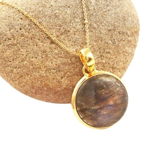 Natural Blue Fire Labradorite Gold Plated Collet Set Pendant Necklace Gemstone - Picture 1 of 3