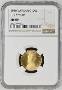 💎 The only Top Pop! 1950 Vatican Gold 100 Lire NGC MS69 ! - Picture 1 of 2