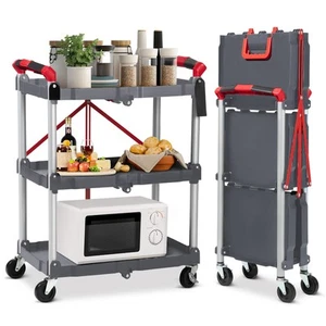 Folding Collapsible Service Cart Heavy Duty 3-Shelves Utility Cart with Wheels - Picture 1 of 10