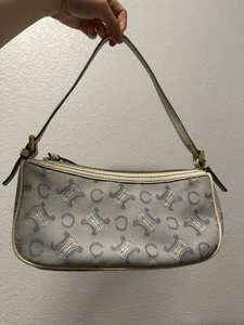 CELINE Vintage Triomphe Monogram Blue White Leather Shoulder Bag - Picture 1 of 15