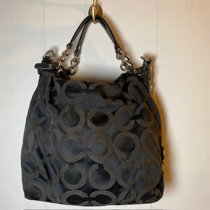 COACH Black On Black Op Art Brooke Sateen Hobo Convertible Purse Silver Hardware - Picture 1 of 11