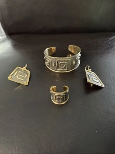 Greek Key Pattern Cuff Bracelet Earrings And Ring 925 Silver Made In Greece - Picture 1 of 5