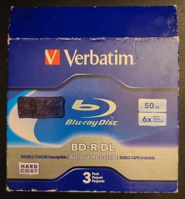 VERBATIM 6X Blu-Ray BD-R DL Dual Layer 50GB Discs - 3 pack - 2 NEW, 1 UNSEALED - Image 1 of 2