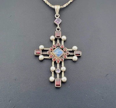 COLLAR CRUZ PLATA ESTERLINA 925 NICKY MAYORDOMO INDIA 24" GRANATE AMATISTA 1303 Foto 1 de 4