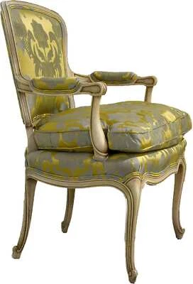 Vintage French Bergere Fine Silk Damask Feather-Down Armchair Gold & Grey - Image 1 of 4