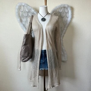 Boho Grunge Open Knit Cardigan Duster Lightweight Cover Up Beige XS Beachy - Picture 1 of 7