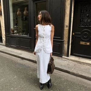 White Cotton Linen Posse Similar Waistcoat Long Skirt Two Piece Set New - Picture 1 of 22