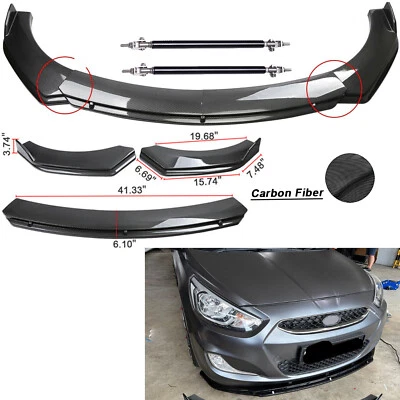 For Hyundai Accent Front Bumper Lip Splitter Spoiler Carbon Fiber+Strut Rods/ - Image 1 of 4