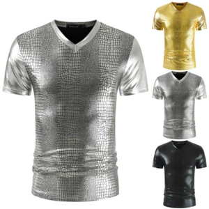 Men Metallic Shiny Short Sleeve T-shirt Showman Tops Shirt Dance Gilding Fashion - Picture 1 of 14