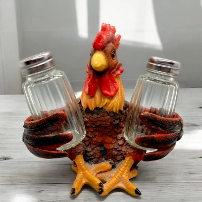 Juego de soporte para coctelera de sal y pimienta de gallo borde de río de 5,5" pintado a mano Foto 1 de 4