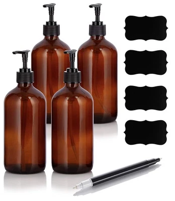 16 oz Amber Boston Round Thick Glass Pump Bottle + Black Chalkboard Labels & Mar - Image 1 of 4