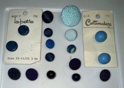 Estate Lot Of 17 Blue Shank Buttons Eleven Fabric Covered Six Plastic - Image 1 of 3