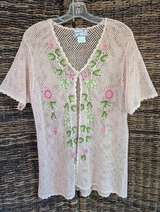 April Cornell Crochet Floral Open Front 3DKnit Cardigan Sweater Women Large Pink - Picture 1 of 10
