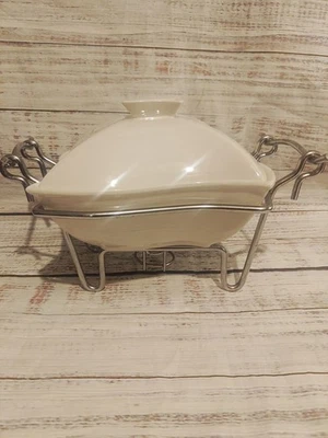 Godinger 1-Quart Covered Porcelain Baker with Chrome Plated Warmer Stand in Box - Image 1 of 4