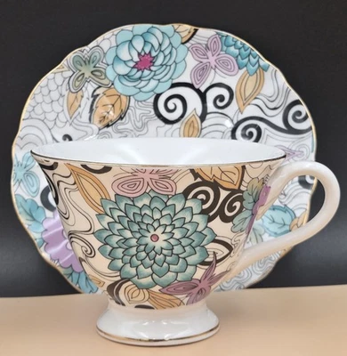 GRACE'S TEAWARE Porcelain Tea Cup & Saucer - Pastlel Black Floral & Gold Trim  - Image 1 of 4