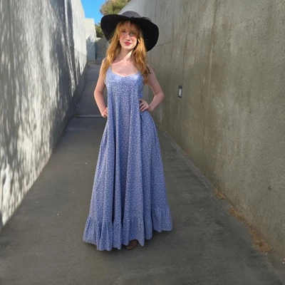 Vintage VtG LAURA ASHLEY 1970s Cotton Blue Floral Dyers Printers Maxi Dress 8 10 - Image 1 of 4