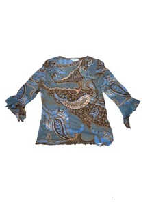 Moa Moa Womens 2x Lined Chiffon Blue Brown Paisley Tunic Top Blouse 40" Chest - Picture 1 of 3