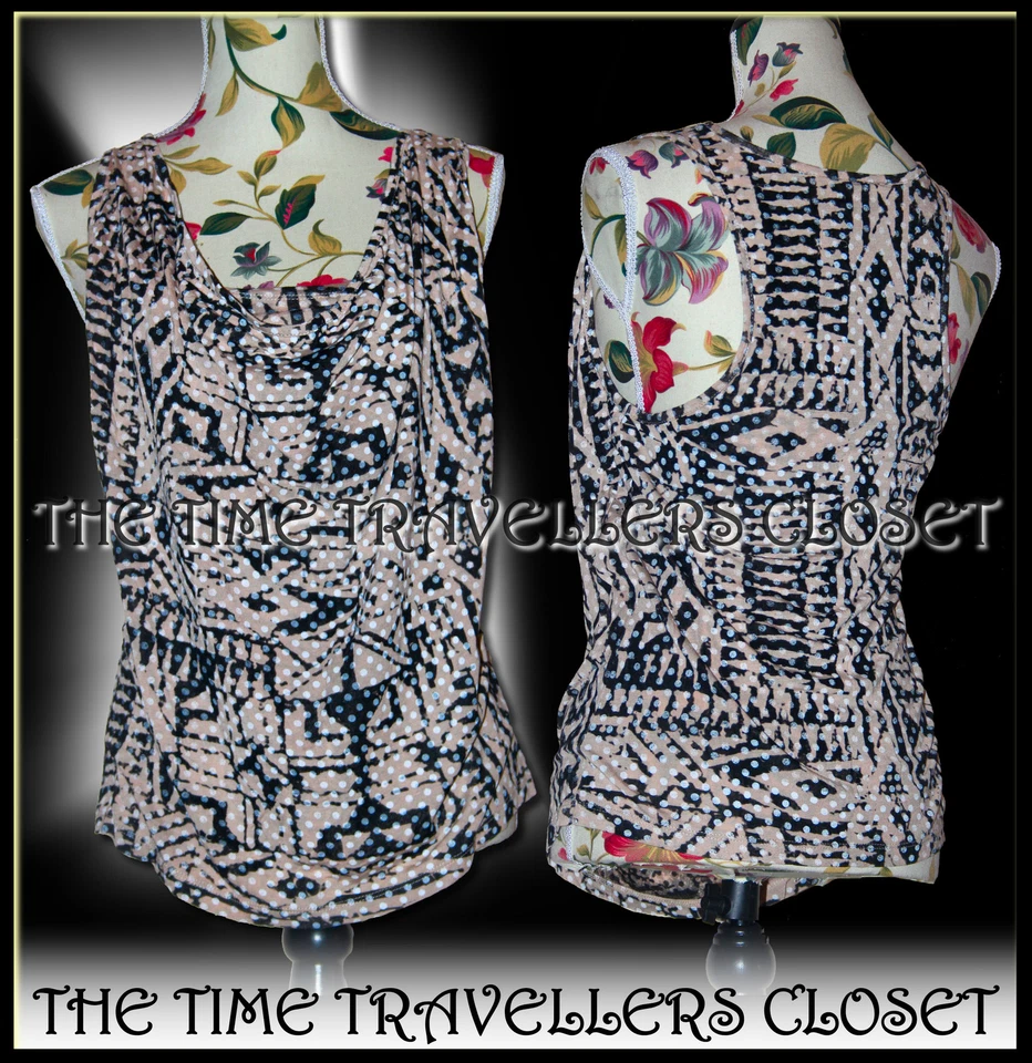 BNWT KATE MOSS TOPSHOP BEIGE BLACK AZTEC SPOT RACER FRONT DRAPE VEST TOP UK 8 36 - Image 1 of 1
