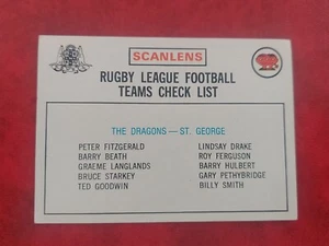 1975 Scanlens Rugby League Card St.George Dragons Checklist UNMARKED EXC COND - Picture 1 of 2