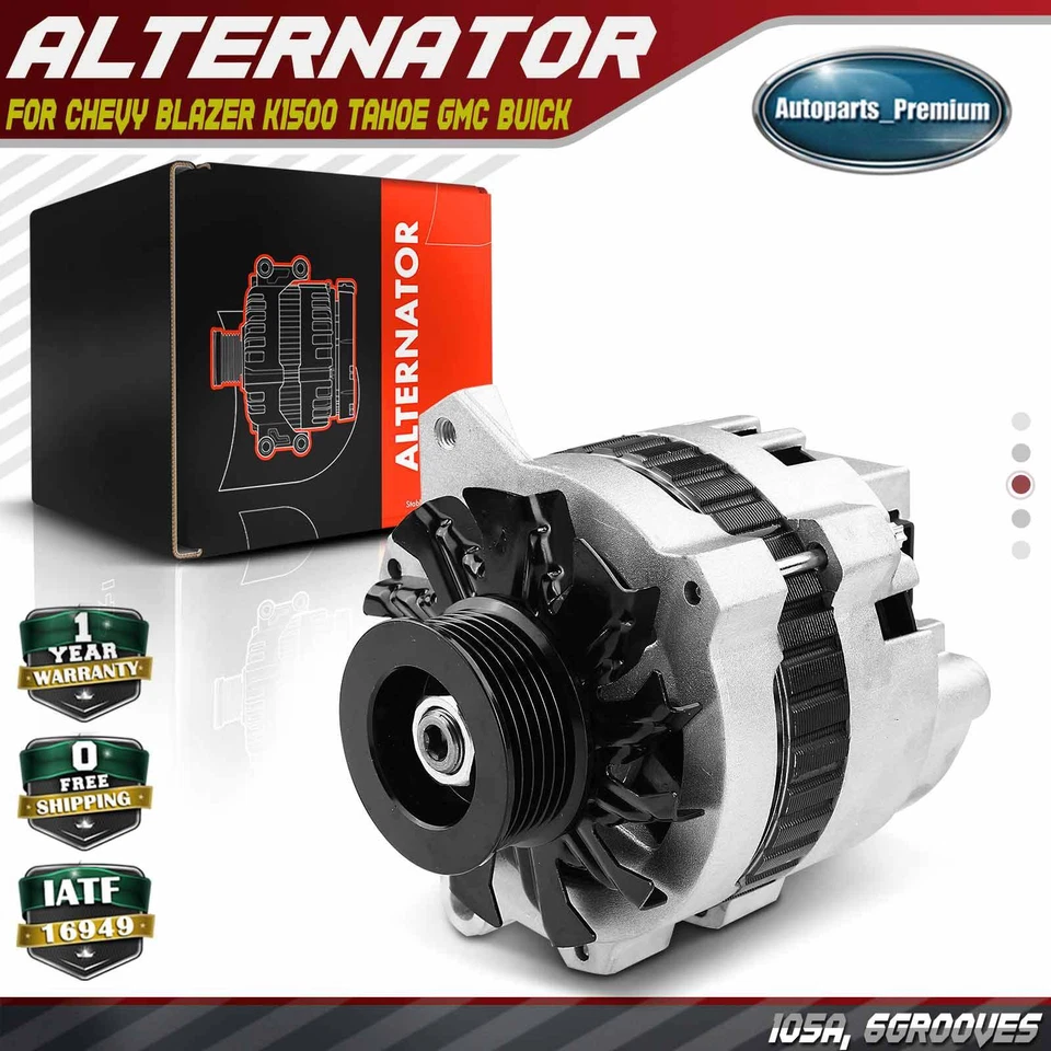 Alternator for Buick Chevrolet GMC C1500 105 A/12 Volt CW 6 Groove Clutch Pulley - Image 1 of 4