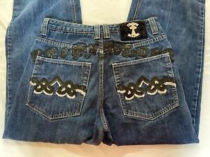 Crown Holder Jeans Mens Blue Embroidered Button Fly 34 Cross 