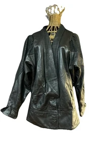 Abrigo de cuero de cordero vintage para mujer con detalles de cocodrilo de cuero negro talla grande - Imagen 1 de 17