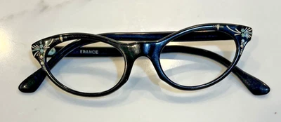 Vintage Woman's Eyeglass Black Oval France Floral and Rhinestones 46-20 - Image 1 of 4