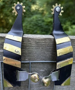 Adult Size Black Steel Spurs with Brass Accents PAIR - Picture 1 of 6