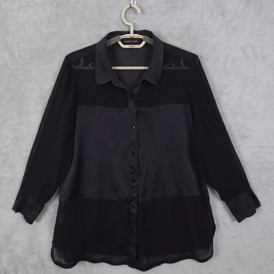 Blusa Eileen Fisher Mancha Seda Mujer Talla M Negra Abotonada Manga Larga Transparente Foto 1 de 4
