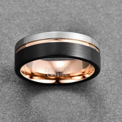 Anillo de compromiso ranura de tungsteno de 8 mm para hombre alianza de boda hombres mujeres tres colores Foto 1 de 4