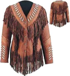 Damen Indianer Western Cowboy Echt Leder Jacke Kontrast Fransen & Perlen - Bild 1 von 3