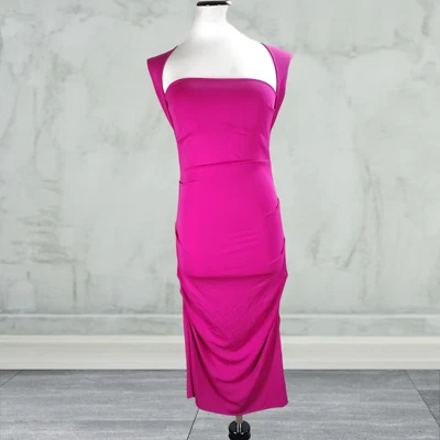 Nicole Miller Ruched Midi Dress Size S Fuchsia Square Neck Bodycon Cocktail - Image 1 of 4