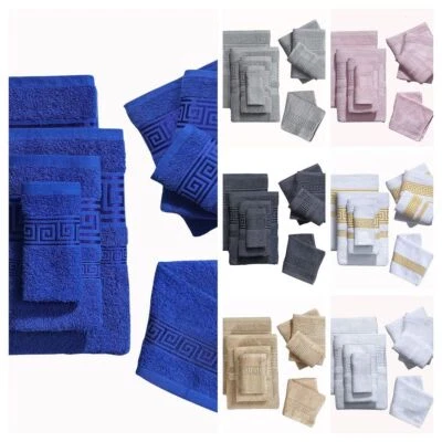 4 Piece Egyptian Range Cotton Towel Set Soft Absorbent 500 GSM with Greek Border - Image 1 of 4