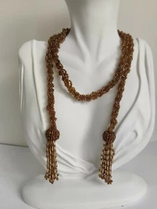Collar con aletas Sautoir vidrio bronce oro semillas cuentas cuerda tejida Art Deco de colección - Imagen 1 de 10