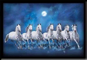 Seven Lucky Running Vastu Horses Art Framed Painting Ocean Blue 12 Inch x18 inc - Picture 1 of 6