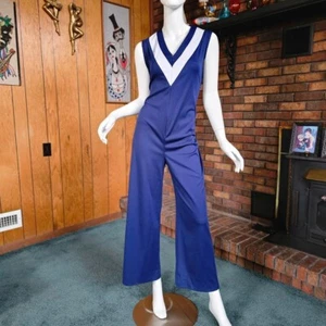 Vintage 70s Disco Soul Train Deep V Palazzo Wide Leg Pants Party Jumpsuit M/L - Picture 1 of 9