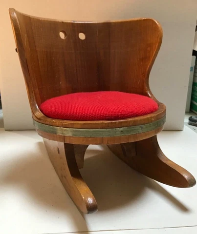 Child's Seat Doll Rocking Chair Oak Barrel + Cushion Bear Wood Display Vintage Cover
