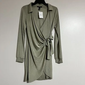 Women’s Forever 21 Metallic Green Gray Ribbed Collared Wrap Dress Size Large - Picture 1 of 10