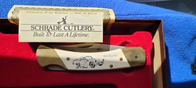 NUEVO Schrade Scrimshaw 1956 T-Bird Coche Clásico Coleccionable Cuchillo Estuche de Cuero Foto 1 de 2