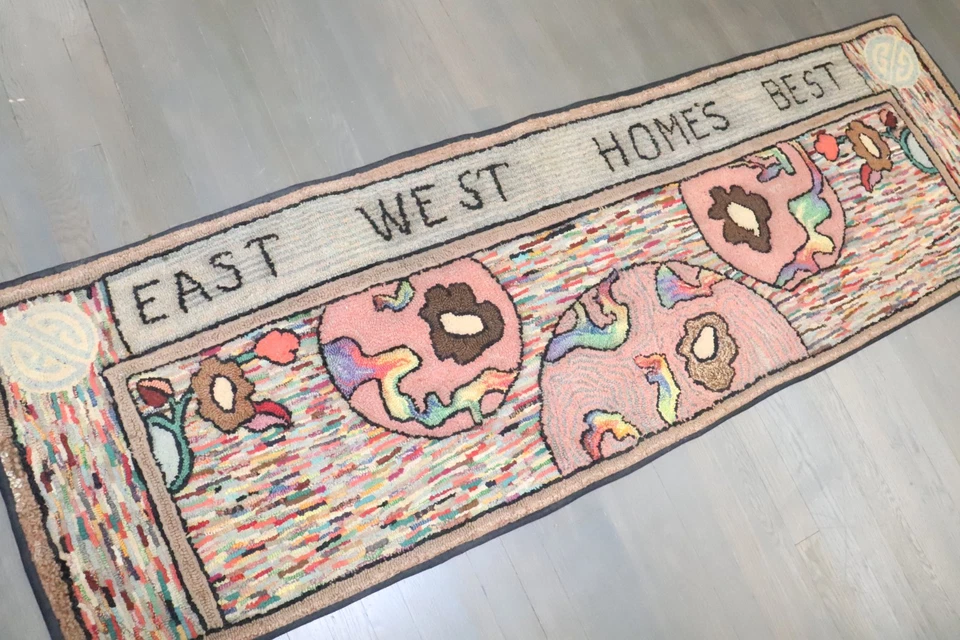 Антикварный американский крючковый ковер-дорожка размер 2 фута 2 дюйма x 6 футов 10 дюймов - Изображение 1 из 4