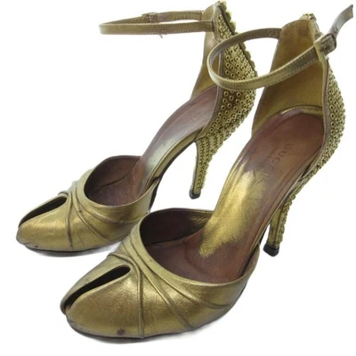 Sandalias Gucci Zapatos de salón Punta abierta Tacones altos Tachuelas Doradas Sin Caja Excelente Usadas EE. UU. 9.0 Foto 1 de 4