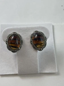 Sterling Silver Judith Jack Marcasite Black & Amber Stone Omega Back Earrings - Picture 1 of 10