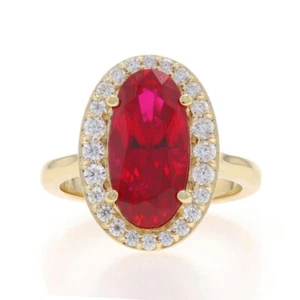 Yellow Gold Lab-Created Ruby Cubic Zirconia Halo Ring 14k Oval 4.26ctw Cathedral - Picture 1 of 9
